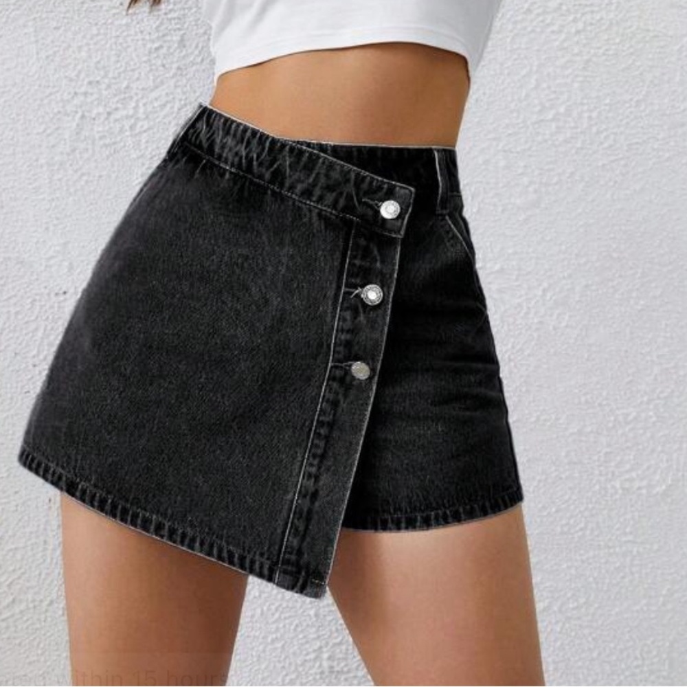 Washed Black Denim Mini Skort